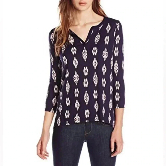 Vintage Lucky Brand Navy Ditsy Print Henley Sleeve Top cotton - Picture 1 of 5
